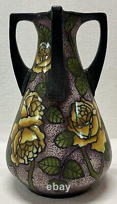 Antique Art Nouveau Art Pottery Vase Yellow Roses Purple Green Blue 4 Handles