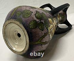 Antique Art Nouveau Art Pottery Vase Yellow Roses Purple Green Blue 4 Handles