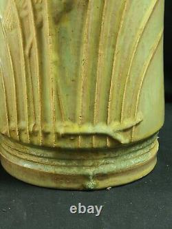 Antique Art Nouveau Artisan Pottery Vase 13.5 Stork or Crane Reeds, Bird 13.5