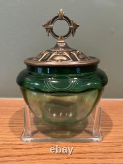 Antique Art Nouveau Austrian Jugendstil Green Glass Vessel with Metal Lid