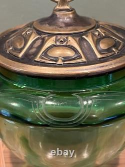 Antique Art Nouveau Austrian Jugendstil Green Glass Vessel with Metal Lid