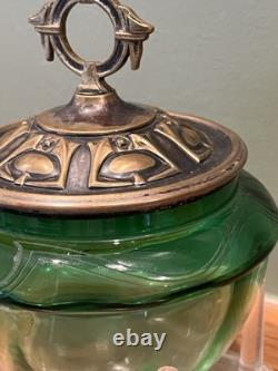 Antique Art Nouveau Austrian Jugendstil Green Glass Vessel with Metal Lid