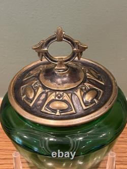 Antique Art Nouveau Austrian Jugendstil Green Glass Vessel with Metal Lid