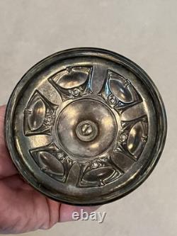 Antique Art Nouveau Austrian Jugendstil Green Glass Vessel with Metal Lid