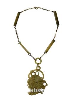 Antique Art Nouveau Bakelite necklace pendant butterfly moth green 1920s carved