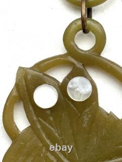 Antique Art Nouveau Bakelite necklace pendant butterfly moth green 1920s carved