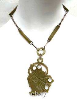 Antique Art Nouveau Bakelite necklace pendant butterfly moth green 1920s carved