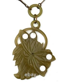 Antique Art Nouveau Bakelite necklace pendant butterfly moth green 1920s carved