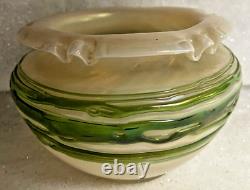 Antique Art Nouveau Bohemian Corded Iridescent Pearl with Green Thread Glass Vase
