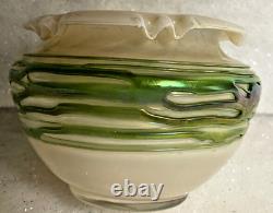 Antique Art Nouveau Bohemian Corded Iridescent Pearl with Green Thread Glass Vase