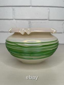 Antique Art Nouveau Bohemian Glass Iridescent Bowl Vase withGreen Threaded Trail