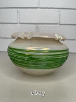 Antique Art Nouveau Bohemian Glass Iridescent Bowl Vase withGreen Threaded Trail