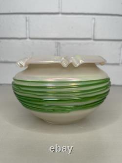 Antique Art Nouveau Bohemian Glass Iridescent Bowl Vase withGreen Threaded Trail