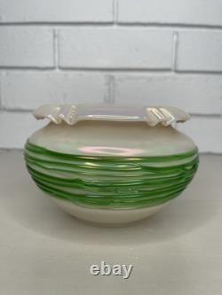 Antique Art Nouveau Bohemian Glass Iridescent Bowl Vase withGreen Threaded Trail