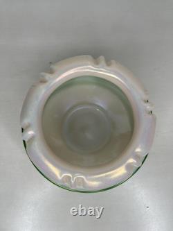 Antique Art Nouveau Bohemian Glass Iridescent Bowl Vase withGreen Threaded Trail