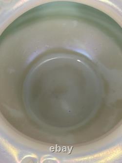 Antique Art Nouveau Bohemian Glass Iridescent Bowl Vase withGreen Threaded Trail