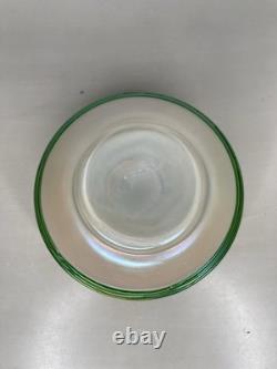 Antique Art Nouveau Bohemian Glass Iridescent Bowl Vase withGreen Threaded Trail