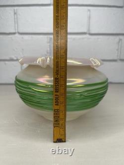 Antique Art Nouveau Bohemian Glass Iridescent Bowl Vase withGreen Threaded Trail