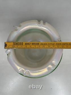 Antique Art Nouveau Bohemian Glass Iridescent Bowl Vase withGreen Threaded Trail
