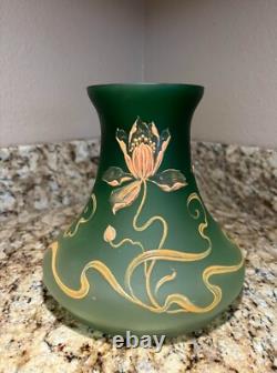 Antique Art Nouveau Bohemian Green Art Glass Vase Gold Floral old vtg HARVEY