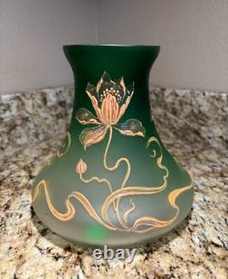 Antique Art Nouveau Bohemian Green Art Glass Vase Gold Floral old vtg HARVEY
