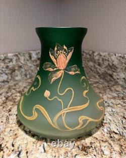 Antique Art Nouveau Bohemian Green Art Glass Vase Gold Floral old vtg HARVEY