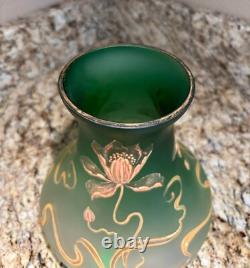 Antique Art Nouveau Bohemian Green Art Glass Vase Gold Floral old vtg HARVEY