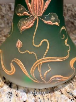 Antique Art Nouveau Bohemian Green Art Glass Vase Gold Floral old vtg HARVEY