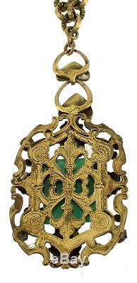 Antique Art Nouveau Book Chain Carved Links Green Glass Leaf Pendant Necklace 15