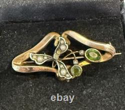 Antique Art Nouveau Brooch 18ct Rolled Gold With Seed Pearls & Peridot Jewellery