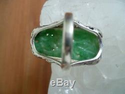 Antique Art Nouveau, Chinese Apple Green Carved Jade Ring Sterling Silver