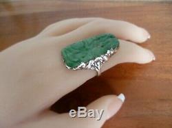 Antique Art Nouveau, Chinese Apple Green Carved Jade Ring Sterling Silver