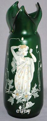 Antique Art Nouveau Colored Art Glass Vase Classic Female Figure 11 3/4h