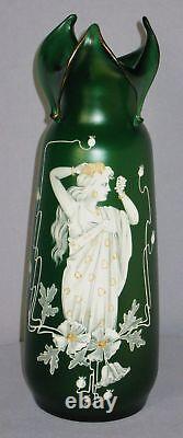 Antique Art Nouveau Colored Art Glass Vase Classic Female Figure 11 3/4h