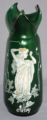 Antique Art Nouveau Colored Art Glass Vase Classic Female Figure 11 3/4h