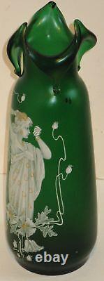 Antique Art Nouveau Colored Art Glass Vase Classic Female Figure 11 3/4h