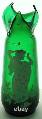 Antique Art Nouveau Colored Art Glass Vase Classic Female Figure 11 3/4h