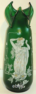 Antique Art Nouveau Colored Art Glass Vase Classic Female Figure 11 3/4h