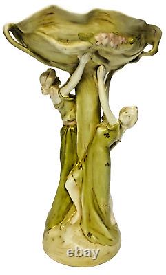 Antique Art Nouveau Compote Centerpiece 2 Nymphs Green Clovers Damage Free