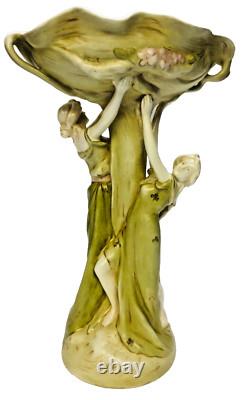Antique Art Nouveau Compote Centerpiece 2 Nymphs Green Clovers Damage Free
