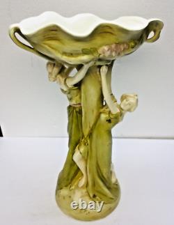Antique Art Nouveau Compote Centerpiece 2 Nymphs Green Clovers Damage Free