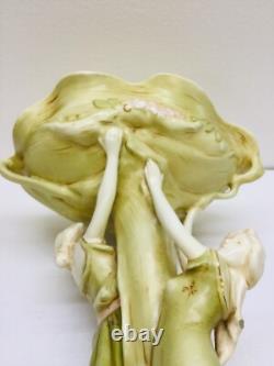 Antique Art Nouveau Compote Centerpiece 2 Nymphs Green Clovers Damage Free