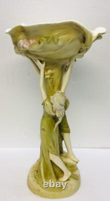 Antique Art Nouveau Compote Centerpiece 2 Nymphs Green Clovers Damage Free