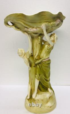 Antique Art Nouveau Compote Centerpiece 2 Nymphs Green Clovers Damage Free
