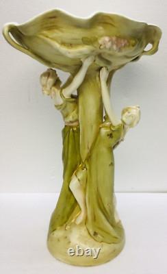 Antique Art Nouveau Compote Centerpiece 2 Nymphs Green Clovers Damage Free