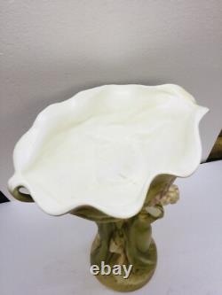 Antique Art Nouveau Compote Centerpiece 2 Nymphs Green Clovers Damage Free