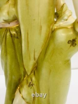 Antique Art Nouveau Compote Centerpiece 2 Nymphs Green Clovers Damage Free