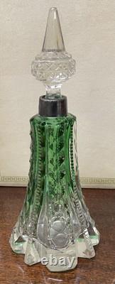 Antique Art Nouveau, Crystal Perfume Bottle, With Green Shoulders, Silver 1907