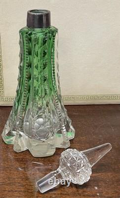 Antique Art Nouveau, Crystal Perfume Bottle, With Green Shoulders, Silver 1907
