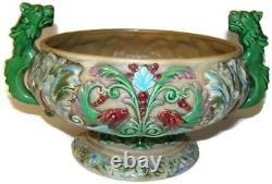 Antique Art Nouveau Czechoslovakia Majolica Centerpiece Bowl Red & Green Dragons
